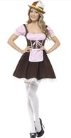 A woman wearing the Tavern Girl Costume, Brown, Short for Oktoberfest, paired with white thigh-high stockings, black heels, and a brown feathered hat.